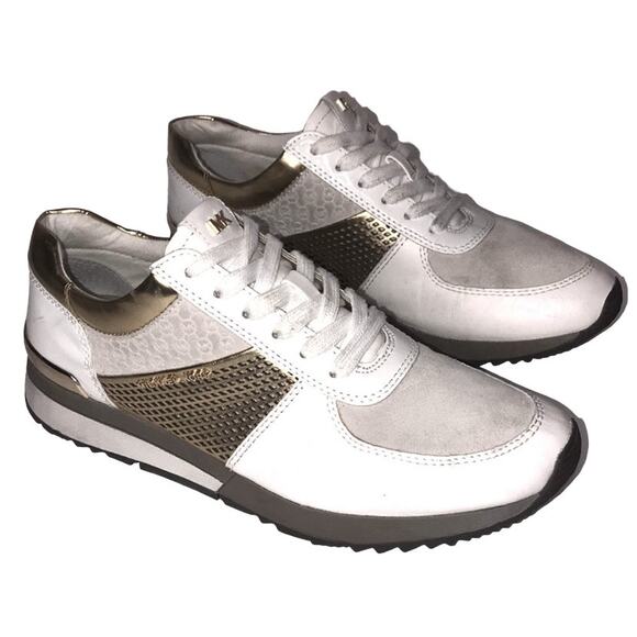 MICHAEL KORS SNEAKERS SHOES WHITE AND GOLD LEATHER AND FABRIC WOMENS SIZE 8.5 - Picture 1 of 14